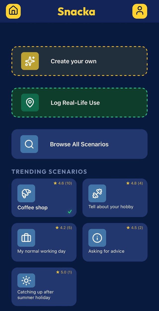 Home screen with trending scenarios like Coffee shop and Tell about your hobby