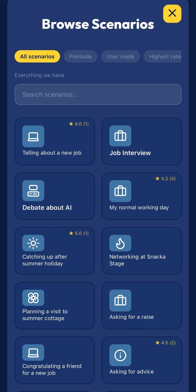 Browse Scenarios list with options like Job Interview and Debate about AI