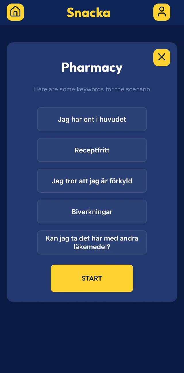 Pharmacy scenario with suggested Swedish phrases to get started