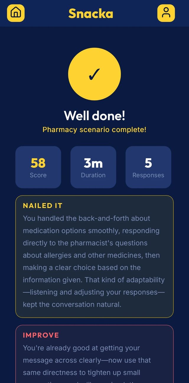 Well done screen after completing the pharmacy scenario, with score and feedback