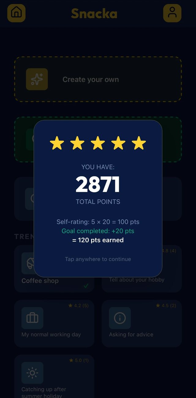 Points earned pop-up after logging real-life practice